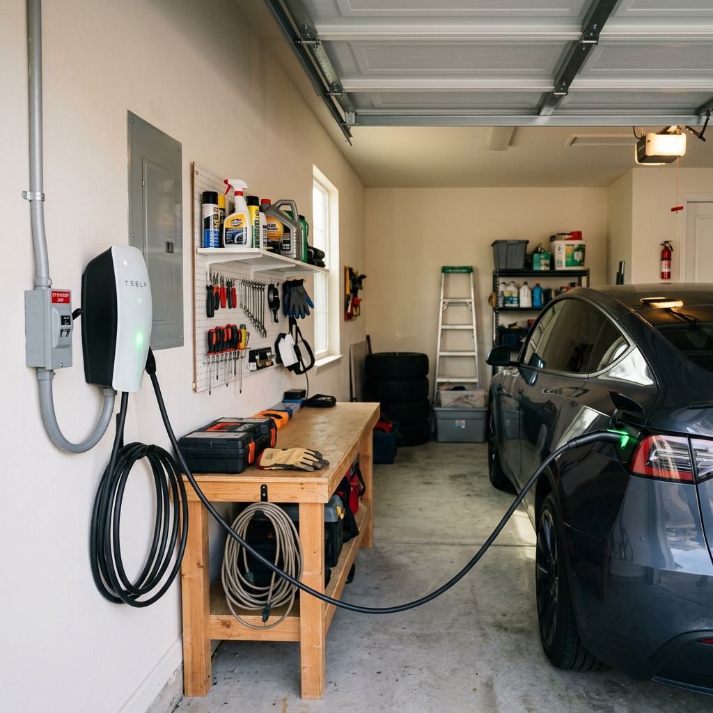 Tesla connected to a wall-mounted charger inside an organized garage