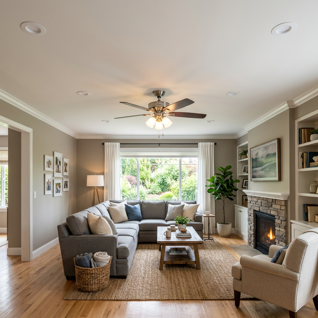 Cozy living room with sectional sofa, fireplace, ceiling fan, and garden view