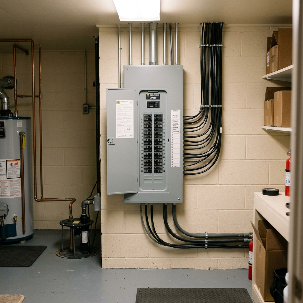 Electrical distribution panel with bundled wiring in a utility room